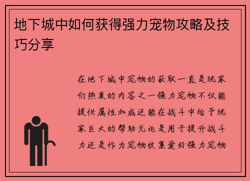 地下城中如何获得强力宠物攻略及技巧分享