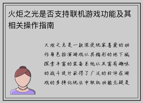 火炬之光是否支持联机游戏功能及其相关操作指南